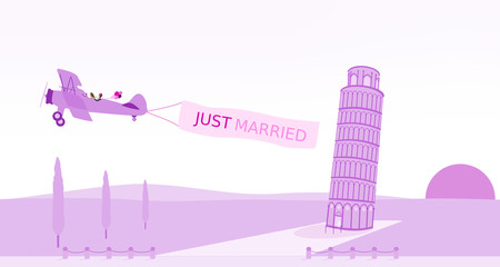 Just married - wedding. Bridal couple in biplane with leaning tower in the Italian landscape. Purple and pink shade.