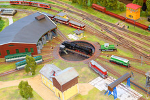 Miniature Railway Train Station Model With Railway Depot And Trains. Handmade Railways Model.