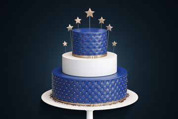 realistic blue three tiered wedding cake with decoration of golden stars and balls on a white plate.
