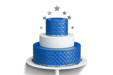 realistic blue three tiered wedding cake isolated with decoration of silver stars and balls on a whi