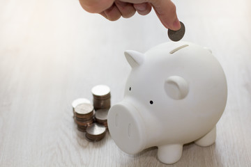 White piggy saving money with coin on wooden floor.