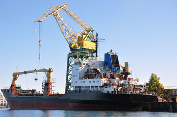 carrier ship in the port loaded on the background harbor cranes