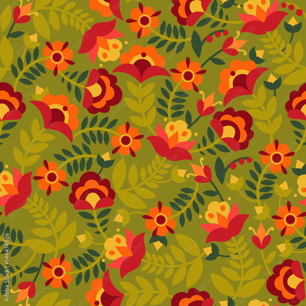 Seamless pattern with flowers in green, red, orange and yellow colors ...