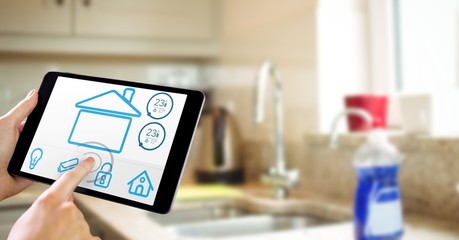 Poster - Hands using smart home app on tablet computer in kitchen