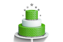 Realistic Red Three Tiered Wedding Cake Isolated With Decoration Of Golden Stars And Balls On A White Plate. 3d Illustration