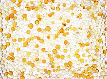 Silica Gel Transparent White And Yellow Close-up Background. Desiccant Beads Pellets Texture