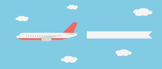 Realistic vector illustration of a large and fast line aircraft with a banner flying between clouds on a blue sky - suitable for advertising