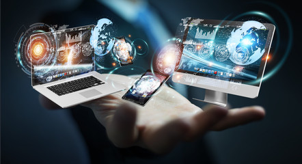 Aufkleber - Businessman connecting tech devices to each other 3D rendering