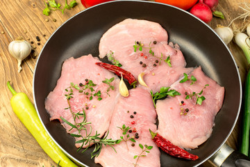 Fresh pork with spices in pan ready for baking - roasting