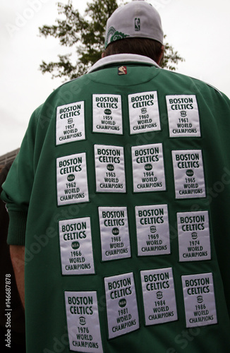 Celtics Fan Wears Championships Banners Jacket Before Game 1 Of