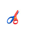 Colorful preschool scissors with training lever to open the blade after each cut isolated on white background.