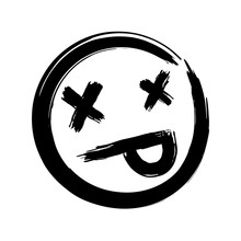 Hand Drawn Dead Emoji, Ink Brush Dead Emoticon Smiley Icon On A White Background. Vector.