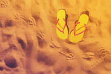 Summer Beach Fun - Yellow Flip-flops With Seagull Footprints, Retro Toned