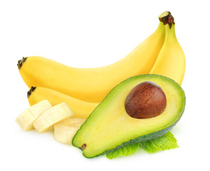 Aufkleber - Isolated cut fruits. Half of avocado and peeled sliced banana isolated on white background with clipping path