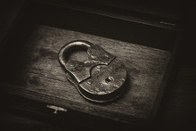 Vintage Metal Padlock To A Wooden Surface. Vintage Style