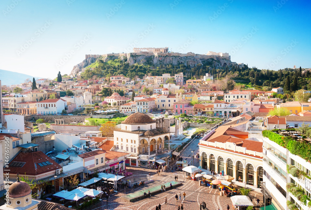 Obraz na płótnie Skyline of Athenth with Moanstiraki square and Acropolis hill, Athens Greecer, retro toned w salonie