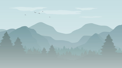 Wall Mural - Landscape with blue silhouettes of mountains, hills and forest with flying birds in the sky - vector illustration