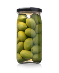 Wall Mural - Green olives jar on a white background