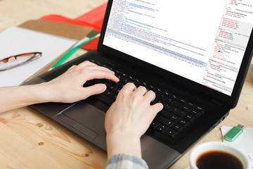 coding code program programming developer compute web development coder work design software closeup desk write workstation key password theft hacking firewall concept - stock image