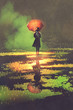 dark fantasy concept of mysterious woman holds umbrella standing in a puddle, illustration digital painting
