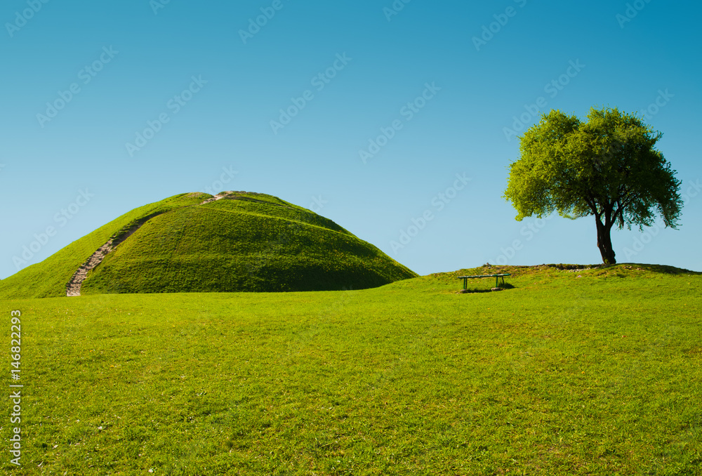 Perfect blue and green landscape, hill and tree, "Kopiec Kraka" in Cracow - obrazy, fototapety, plakaty 