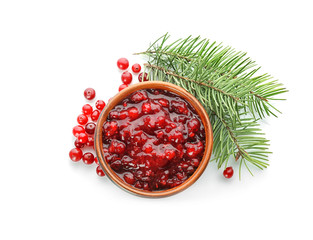 Wall Mural - Delicious cranberry sauce in bowl on white background, top view