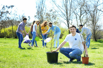 Wall Mural - Handsome young volunteer with team outdoors