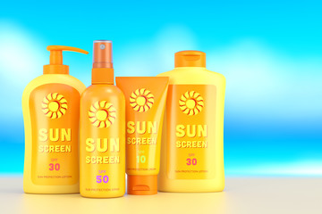 Wall Mural - Sun protection cream, spray and lotion over sky background