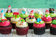 Christmas Of Cupcake On The Wooden.
