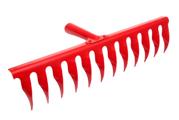 Powerful red rake for work isolated on white background. Flat lay, top view