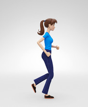 Confident, Strong And Active Jenny - 3D Cartoon Female Character Model - Jogging Athlete In Active Lifestyle, In Casual Clothes, Isolated On White Spotlight Background
