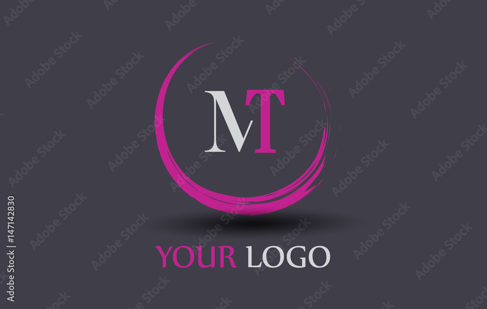 MT Letter Logo Circular Purple Splash Brush Concept. - obrazy, fototapety, plakaty 