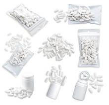 Pills In Plastic Bag And  Plastic Bottle On White Background.Medical Concept.