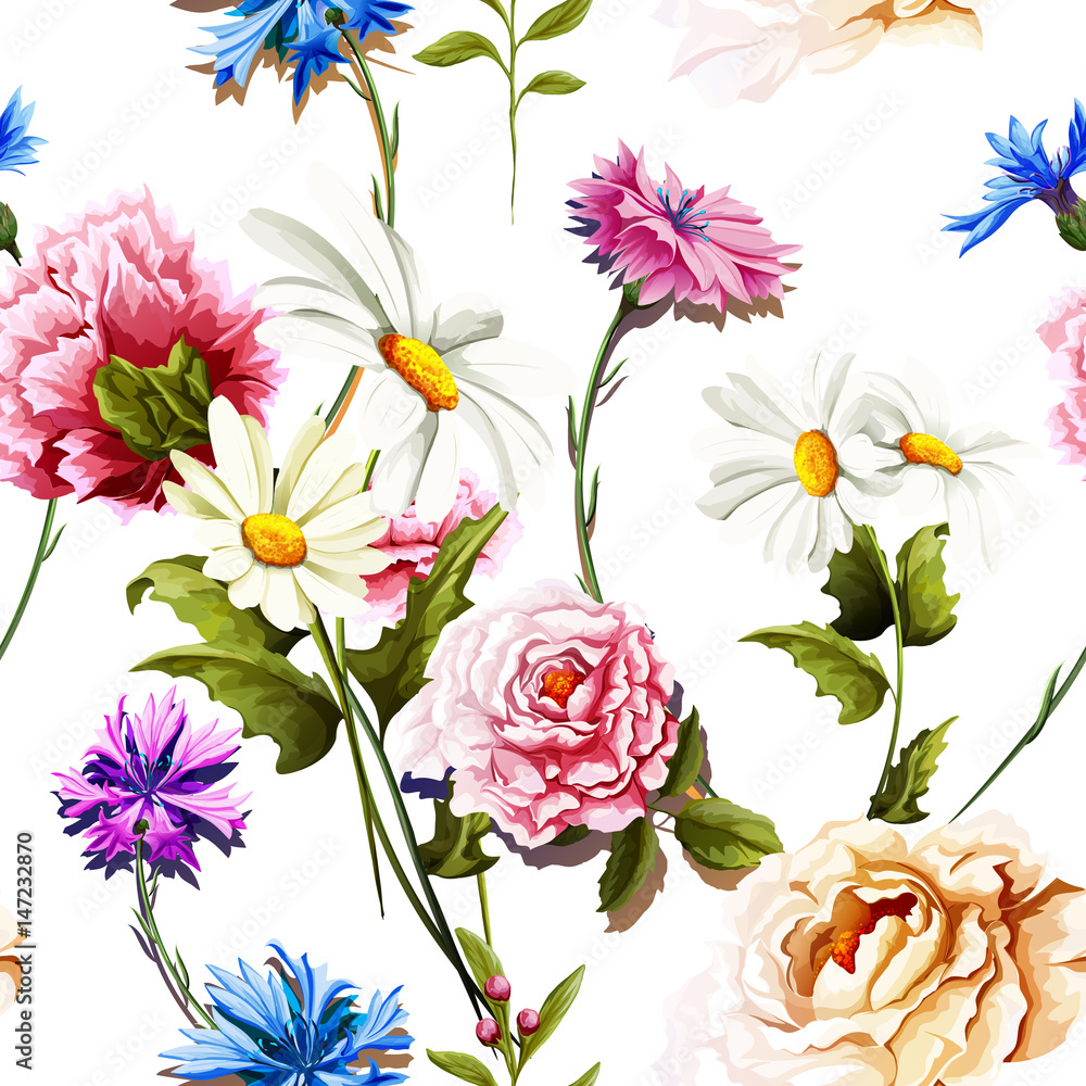Seamless pattern of carnation flowers with chamomile (camomile), leaves, cornflowers and peony on white. Vintage style. Vector stock - obrazy, fototapety, plakaty 