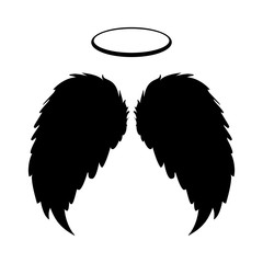 Wall Mural - Silhouette of black angel wings and halo on a white background. Vector feathers silhouette design element.