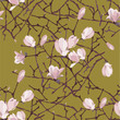 Vector floral seamless pattern. Background for textile, manufacturing, book covers, wallpapers, print or gift wrap. Branches and pink magnolia flowers on a golden olive background