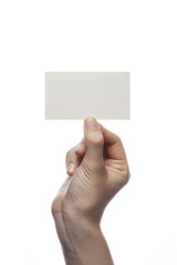 Wall Mural - woman hand hold a white paper(name card) isolated white.