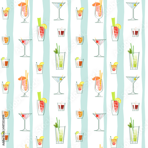 Fototapeta na wymiar seamless pattern of various classic cocktails and stripes. Retro style vector illustration.