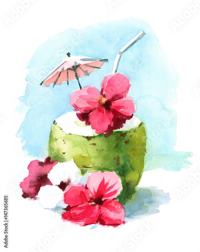 Fotografie, Obraz Watercolor Cocktail Drink in Coconut Shell Hand Painted Beach Tropical Caribbean