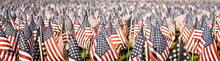 Memorial Day Tribute. Thousands Of Tiny Flags In A Field. Faded Vintage Color. Banner Format