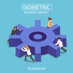 Wall Mural - Isometric business team pushing a big cogwheel.