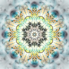 Abstract Exotic Flower On White Background. Psychedelic Mandala Design In Grey, Blue, Orange And Green Colors. Fantasy Fractal Art. 3D Rendering.
