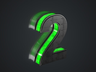 Futuristic number 2 - black metallic extruded number with green light outline glowing in the dark 