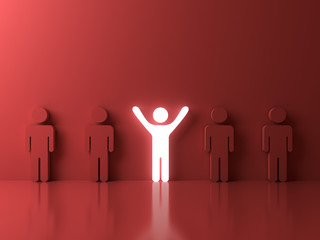 Fototapete - Stand out from the crowd and different creative idea concepts , One glowing light man standing with arms wide open among other people on red background with reflections and shadows . 3D rendering.