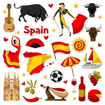 spain icons set. spanish traditional symbols and objects