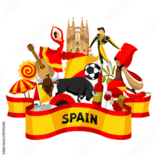 Foto Spain background design. Spanish traditional symbols and objects