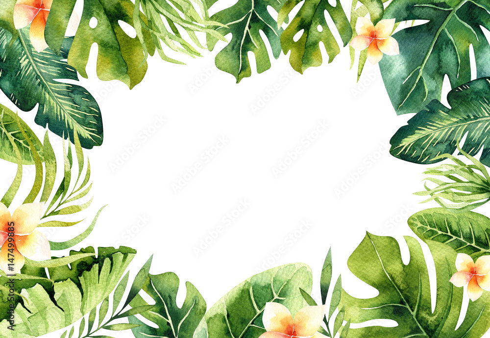 Hand drawn watercolor tropical plants background. Exotic palm leaves, jungle tree, brazil tropic borany elements. Perfect for fabric design. Aloha art. - obrazy, fototapety, plakaty 