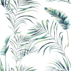 summer palm tree and banana leaves seamless pattern. watercolor green branches on white background. 
