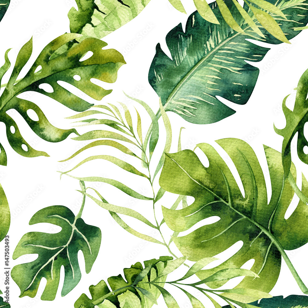 Foto-Kissen premium - Seamless watercolor pattern of tropical leaves, dense jungle. Hand painted. Texture with tropic summertime  may be used as background, wrapping paper, textile or wallpaper design.