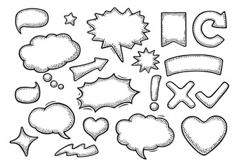 Set speech and thought bubbles. Vintage vector engraving